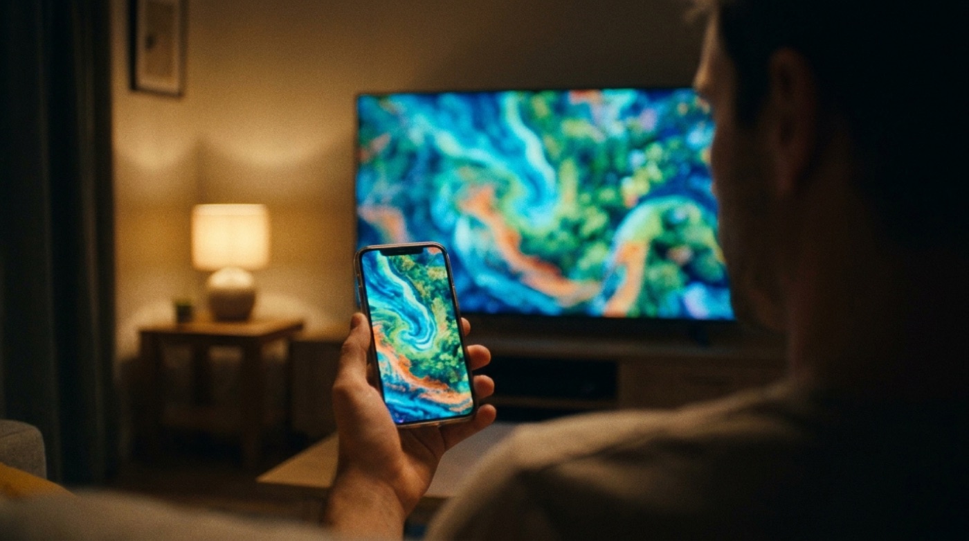 Telefoon cast video naar een grote tv in een donkere woonkamer