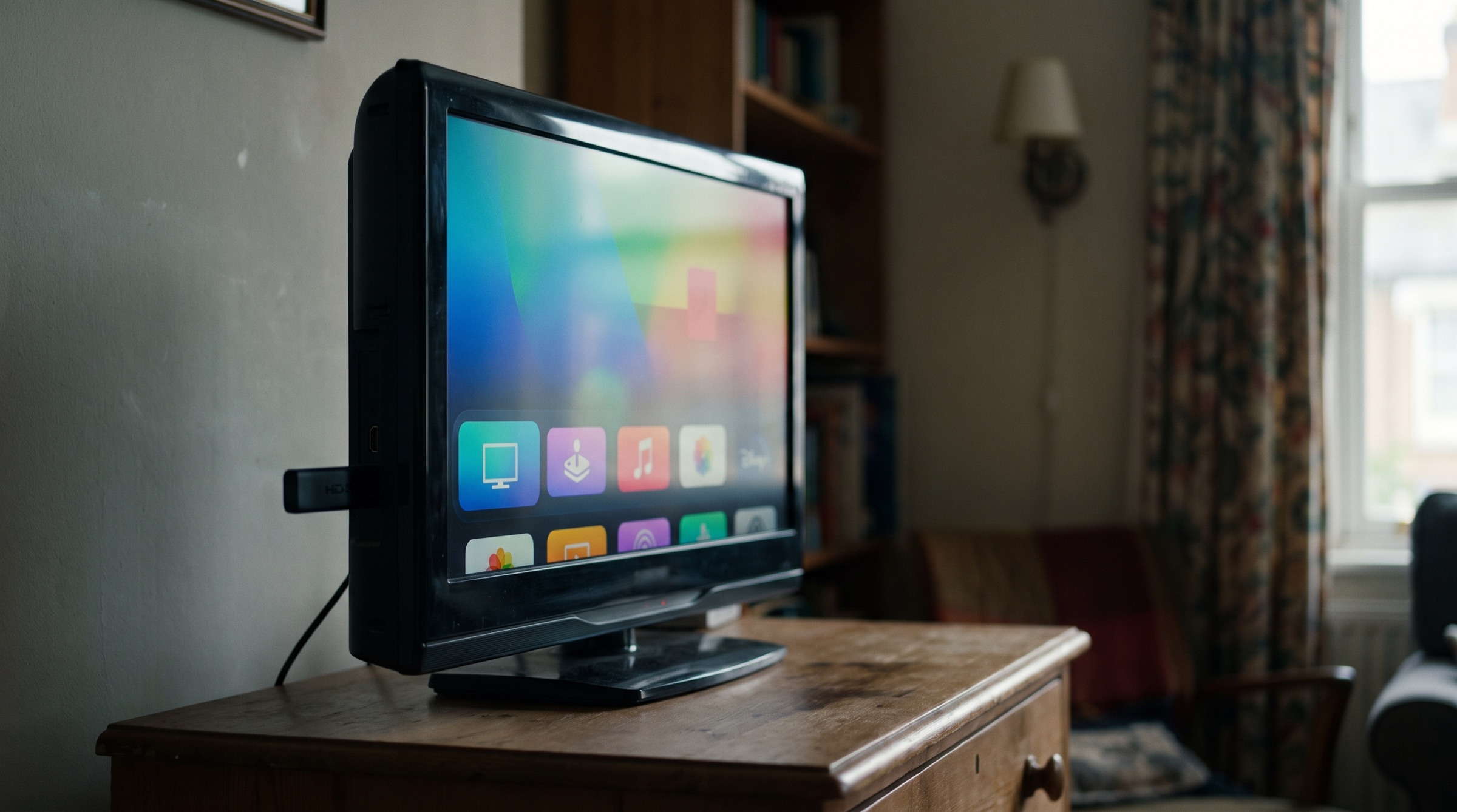 Oudere flatscreen-tv met streaming stick wordt weer een smart tv