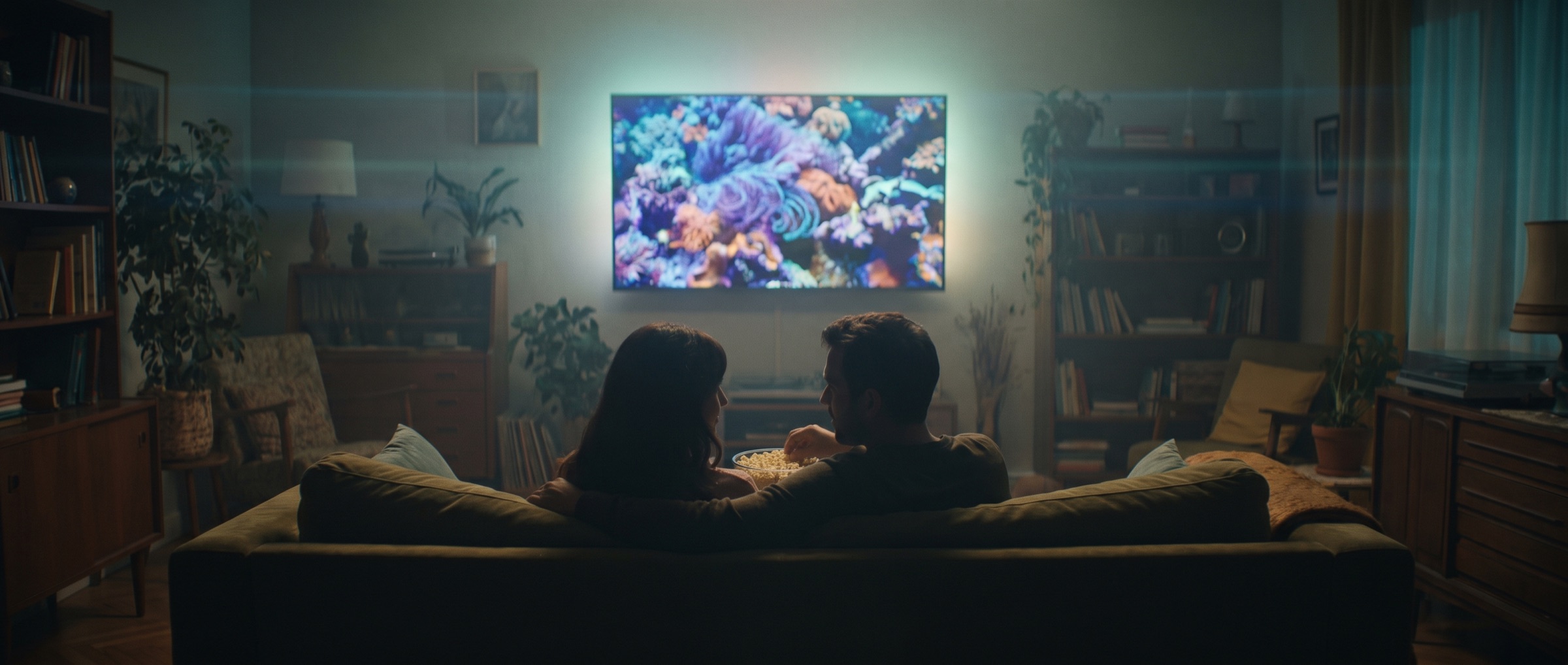 Stel kijkt 's avonds naar een grote tv met levendig 4K-beeld in een sfeervolle woonkamer