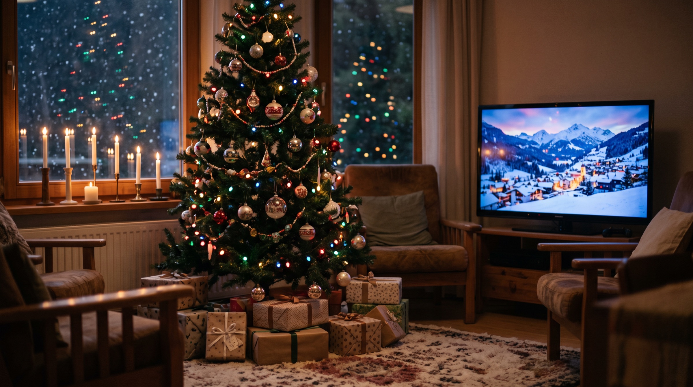 Kerstboom met verlichting naast een tv met winters beeld