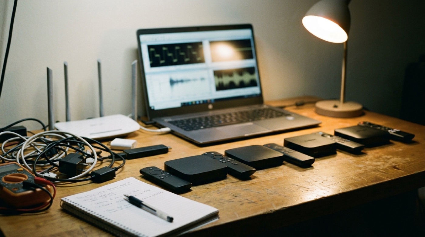 Testopstelling met streaming-apparaten op een werkbank